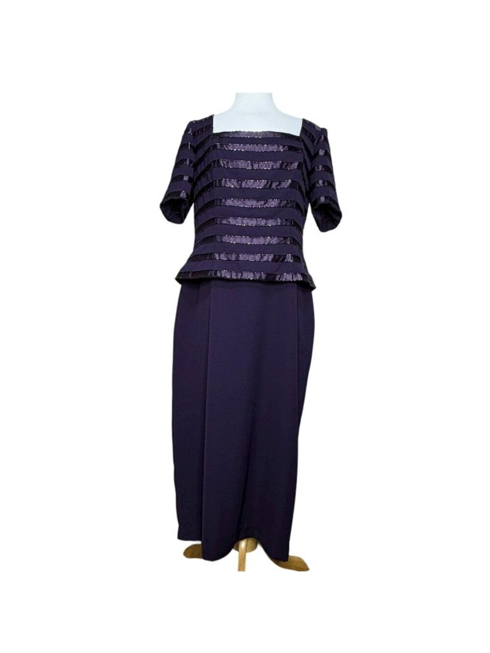 Vintage Marie St. Claire Purple Beaded Maxi Dress Sz 14 Evening Gown Mock 2-Piec